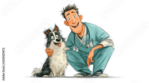Smiling Veterinarian Kneeling with Happy Dog Illustration