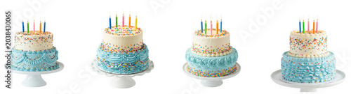 Two tiered birthday cakes with colorful candles isolated on transparent background
