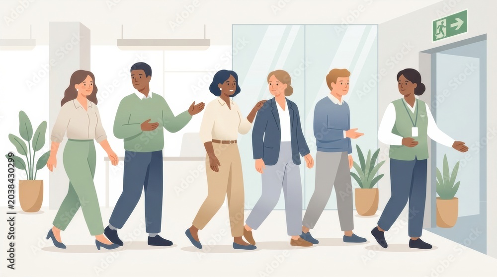 Obraz premium Groups of people exit a building during a workplace violence prevention drill in a bright office space with greenery.