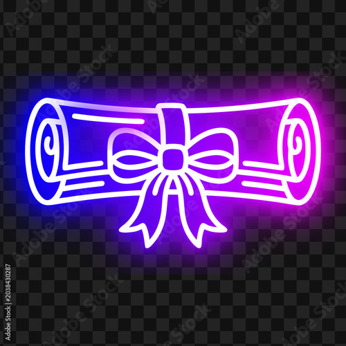 Neon diploma scroll vector icon with purple and blue glowing ribbon bow