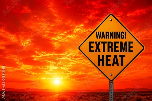 Warning extreme heat sign against sunset background