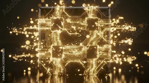 Abstract Symmetrical Cyber Security Vault with Glowing Gold Circuit Paths