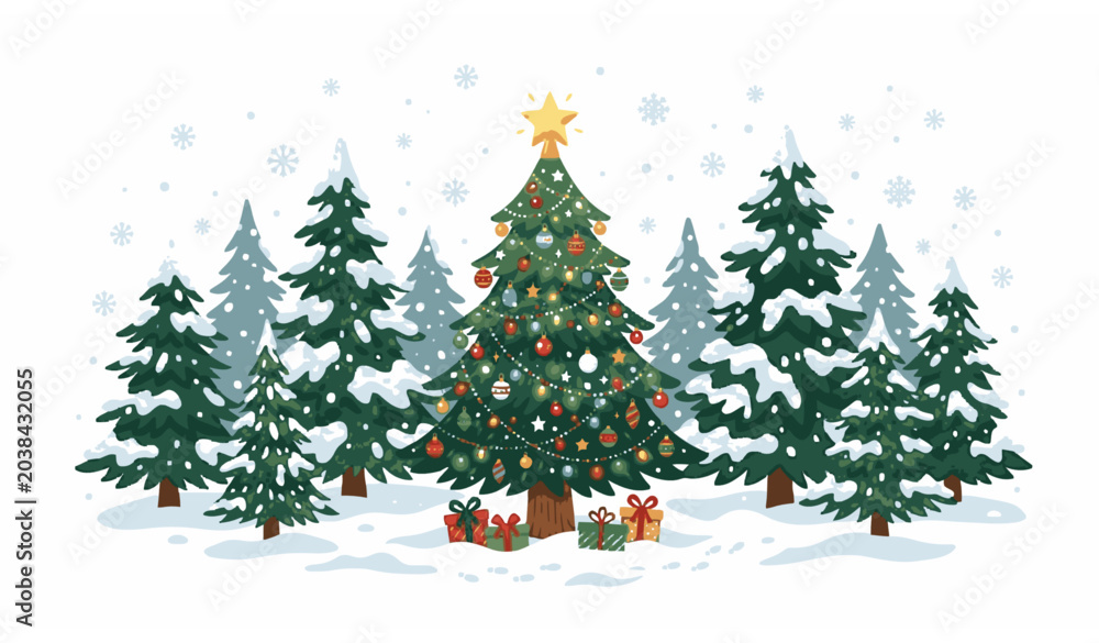 Obraz premium Christmas Tree with Snowy Winter Forest Holiday Vector Illustration Design