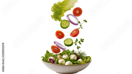 Fresh salad ingredients falling into bowl with mozzarella balls and greens