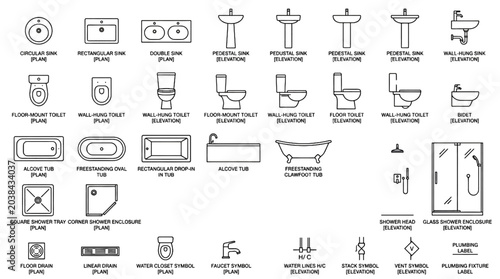 Fotografía Bathroom fixture architectural line art icon collection with plan and elevation
