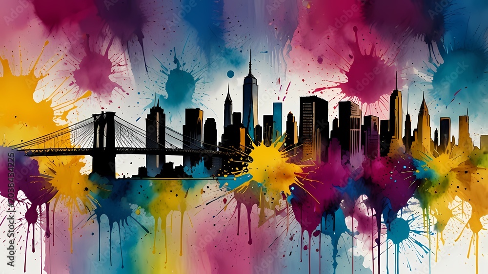 Fototapeta premium Manhattan in Color: Vibrant Watercolor Splash Skyline