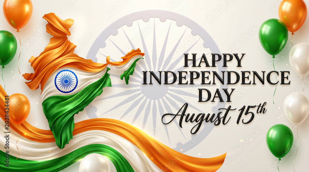 Fototapeta premium Happy Independence Day August 15 Celebration Banner with Tricolor Balloons Ashoka Chakra and Flag Design