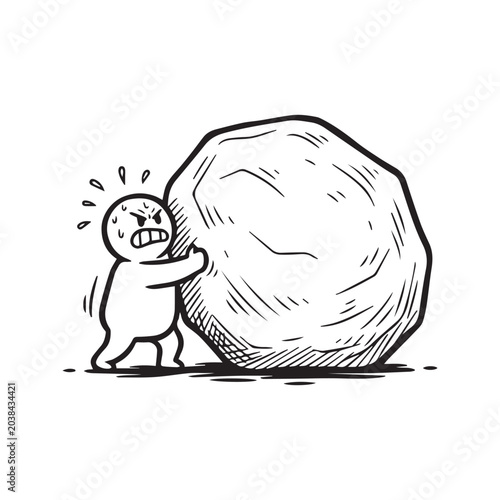 Foto Cartoon drawing of person struggling to push a giant heavy boulder, business con