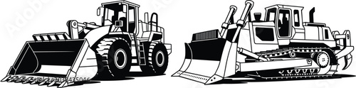 Fotografie Construction vehicle silhouettes with front-end loader and bulldozer, vector ill