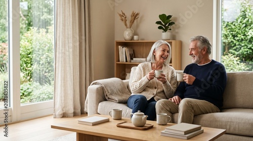 Happy senior couple enjoying coffee and conversation at home