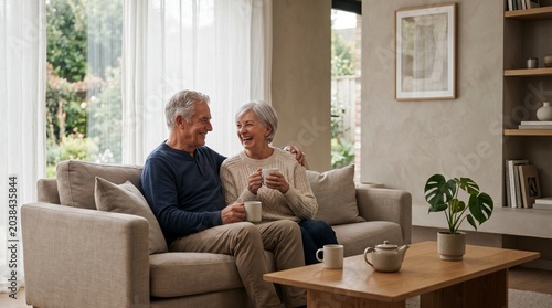 Happy senior couple laughing and drinking coffee on sofa in modern living room