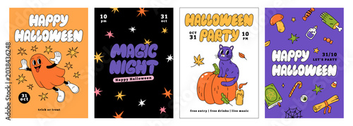 Quadro su tela Collection of bright Halloween posters with playful ghost, pumpkin, cat and festive icons