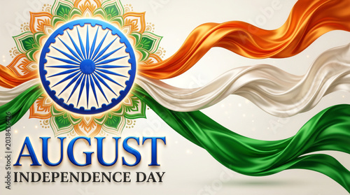 August Independence Day Banner with Ashoka Chakra and Flowing Indian Tricolor Ribbon Background