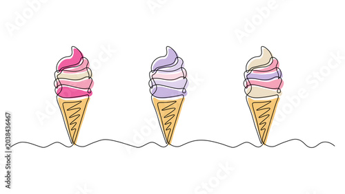 Continuous line drawing of set of three ice cream cone, sweet summer treat, minimalist food illustration