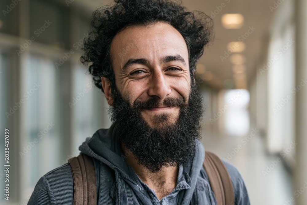 Fototapeta premium Smiling bearded man with backpack in bright indoor hallway