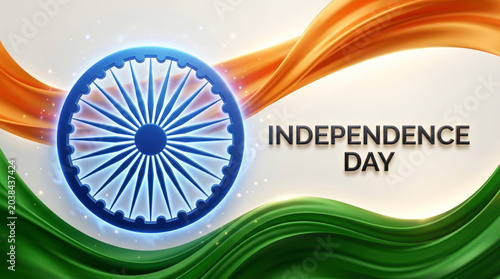 Independence Day Celebration Banner with Ashoka Chakra and Flowing Indian Tricolor Wave Background