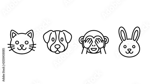 Black and white line drawings of cat dog monkey and rabbit faces.