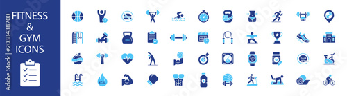 Cuadro en lienzo Fitness training icons, gym and exercise equipment symbol collection on transpar