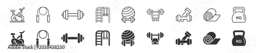 Konstfotografi Fitness gym icon collection, weightlifting and workout symbols on transparent ba