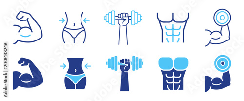 Bild auf Leinwand Muscle and fitness icons, strength workout and bodybuilding symbols on transpare