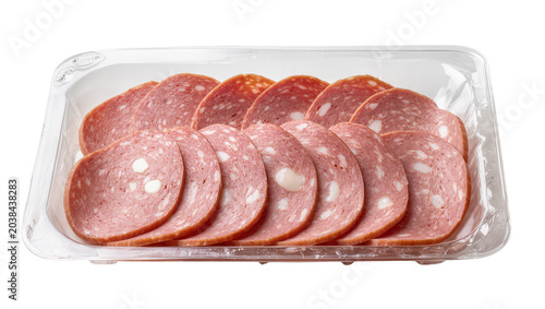 Fotografie Sliced salami in plastic packaging