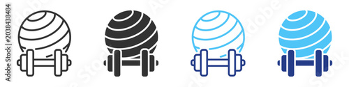 Exerciseball workout icons, stability training and fitness equipment symbols on transparent background