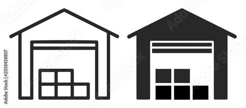 Canvas Print icon set of two storage warehouses with stacked boxes representing inventory and