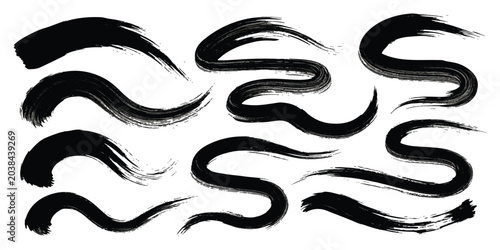 Cuadro en lienzo Set of black ink brush strokes and curved paint lines for graphic design