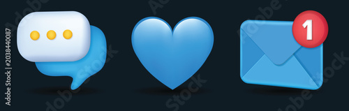 3d social media notification icon set with message bubble, heart reaction and email alert vector illustration