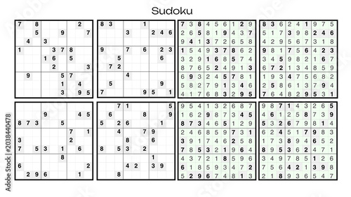 Foto Classic Sudoku worksheet bundle with empty and filled nine by nine grids for puz