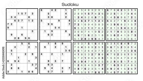 Fotografie Sudoku game template with four number grids showing puzzles and solved versions