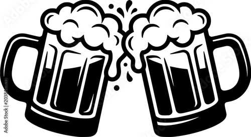 Photography Two Beer Mug Black Vector Illustration with Cheers Pub Silhouette Style