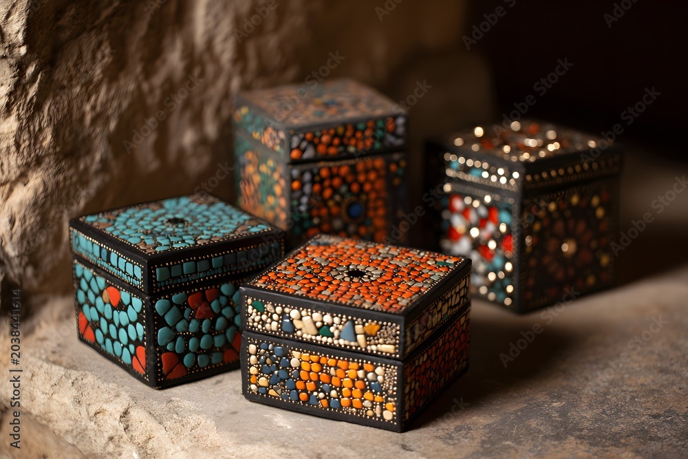Obraz premium Collection of small intricately designed mosaic gift boxes displayed on a textured surface