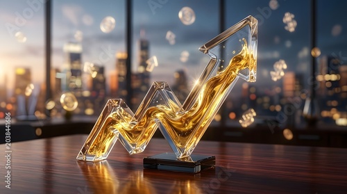 Financial Growth and Success Concept: 3D Glass Upward Arrow Filled with Liquid Gold on a Modern Office Desk Overlooking Cityscape at Night