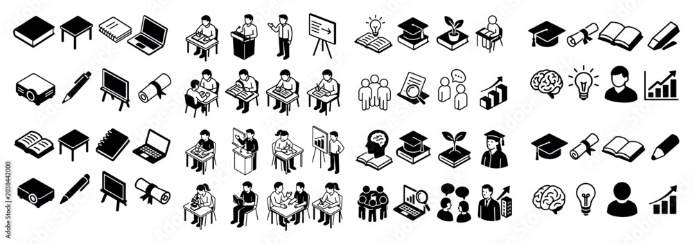 Naklejka premium Education icons with desk laptop board outline