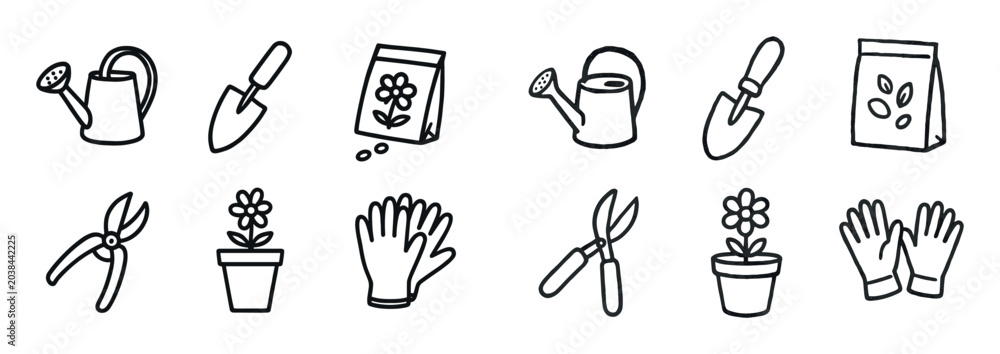 Naklejka premium Gardening icons with watering can trowel gloves outline