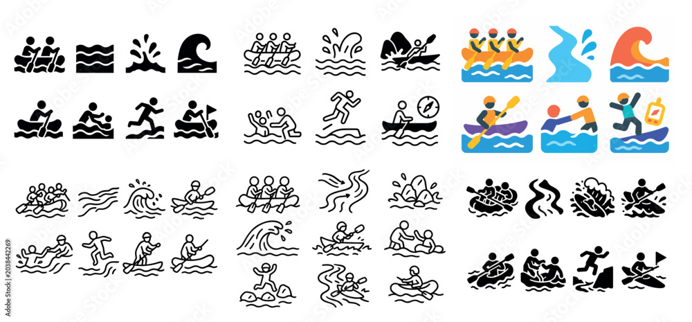 Naklejka premium Water sports icons with raft paddle wave outline