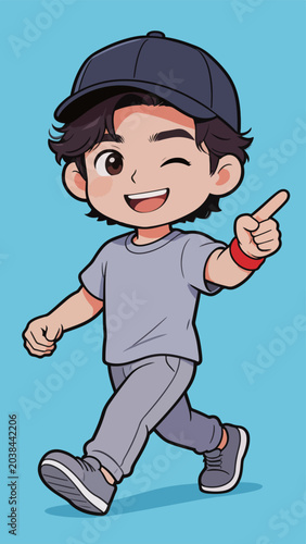 Cheerful chibi boy pointing and walking outdoors