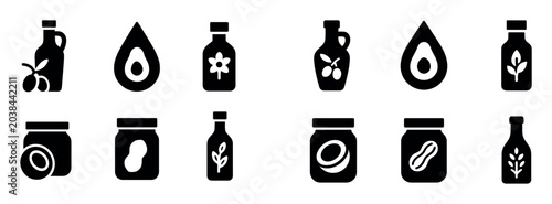 Food oil icons with bottle jar drop flat