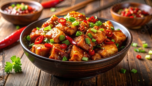 Spicy Kung Pao Chicken with Chili Peppers and Scallions.