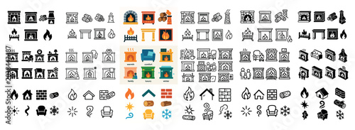 Home icons with fireplace and chair colorful minimal