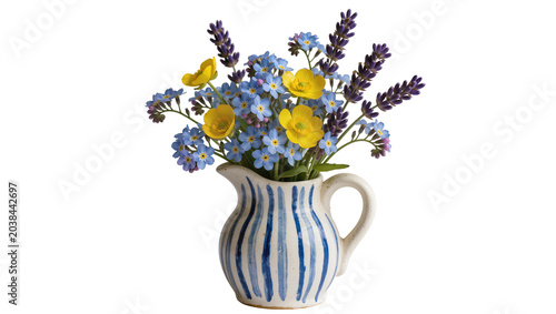 Blue striped pitcher with forget-me-nots, buttercups and lavender