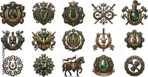 Luxury heraldic medieval coat of arms vector badge collection with ornate golden shields swords crowns knightly emblems