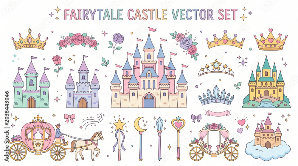 Obraz premium Fairytale Castle Vector Set – Fantasy Princess Castles, Crowns and Magical Elements in Dreamy Pastel Flat Illustration