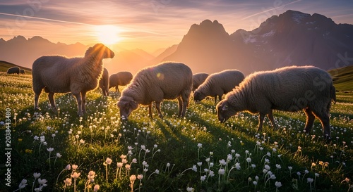 Sheep grazing in a green meadow 1.