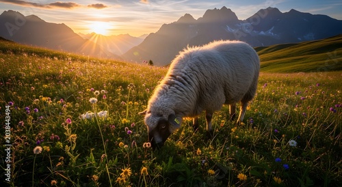 Sheep grazing in a green meadow.