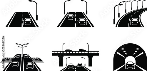 Photos Collection of stylized black car icons on highways roads and tunnel scenes