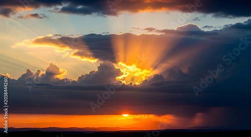 Sunset behind clouds with sun rays.