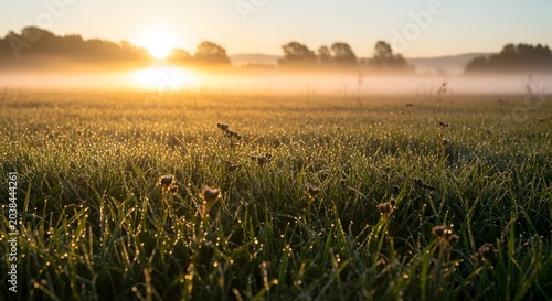 Sunrise over serene green grass landscape.