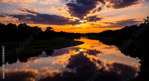 Sunset over calm river landscape reflection.